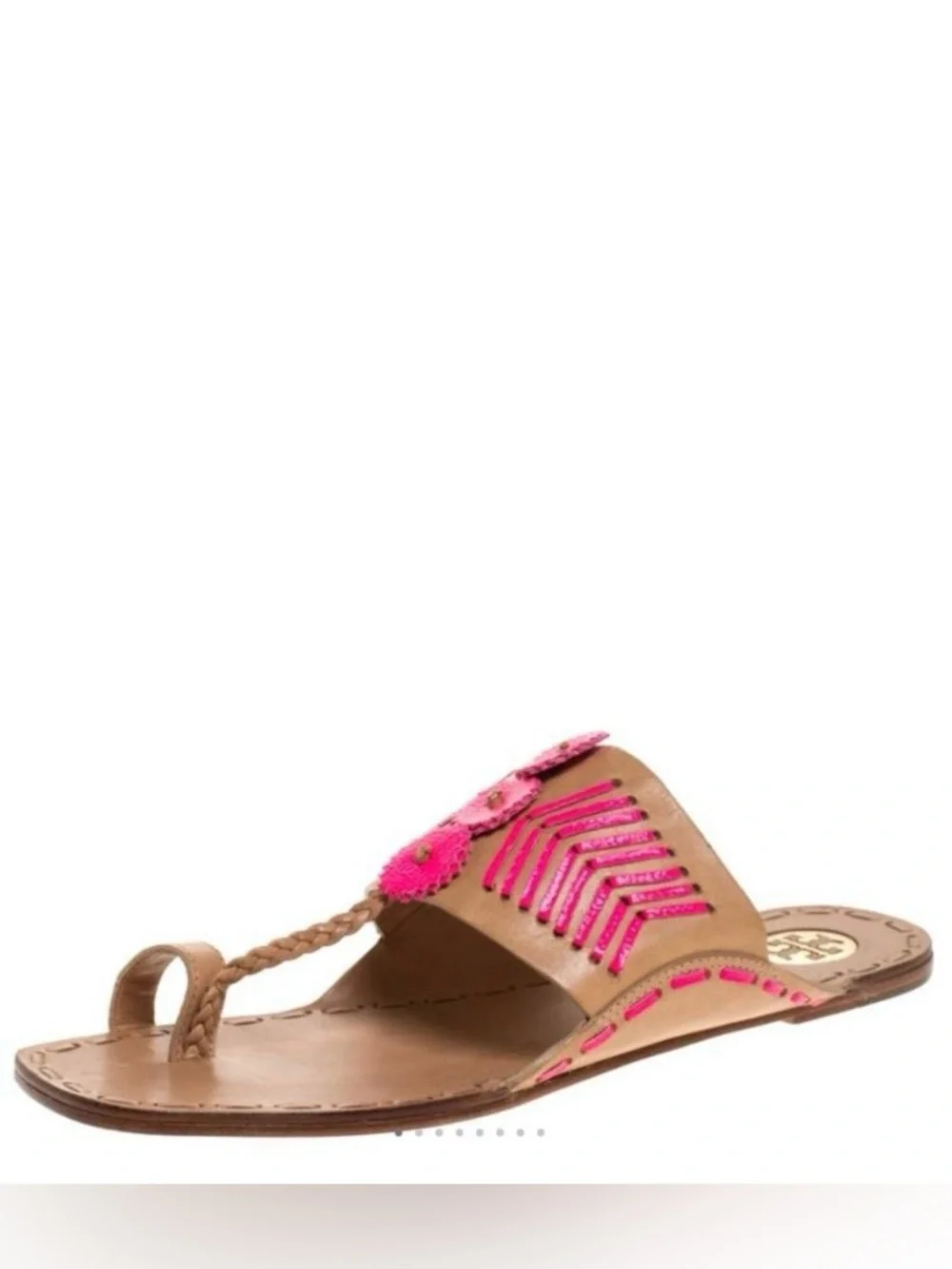Tory Burch Tan Leather Slide Sandal with Pink Stitching